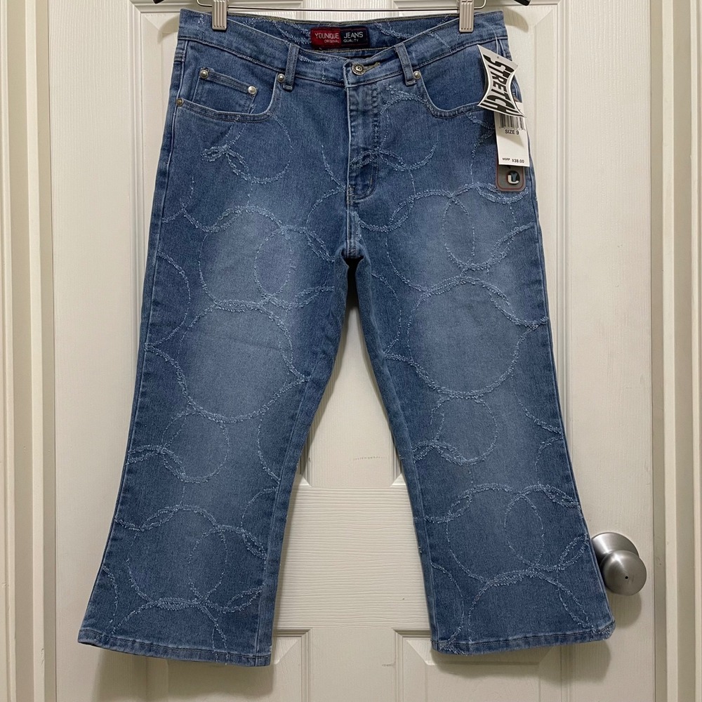 Vintage Younique Capris Y2K Jeans Mid Rise Medium Wash Circle Pattern NWT Size 9